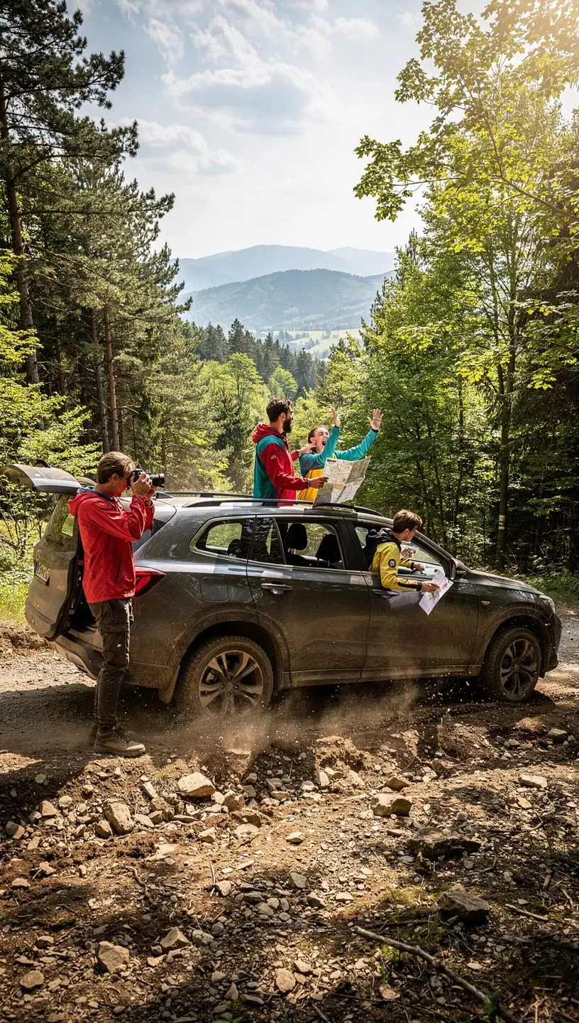 Kempovací vybavení umístěné na střeše vozidla, připravené na víkendové dobrodružství.