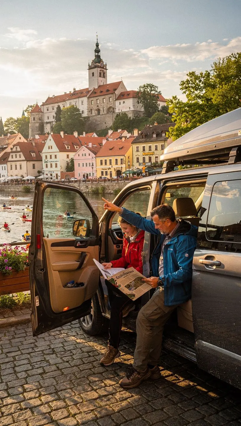 Pohled na autokemp s vozidly a stany, obklopený lesy a přírodními krásami.